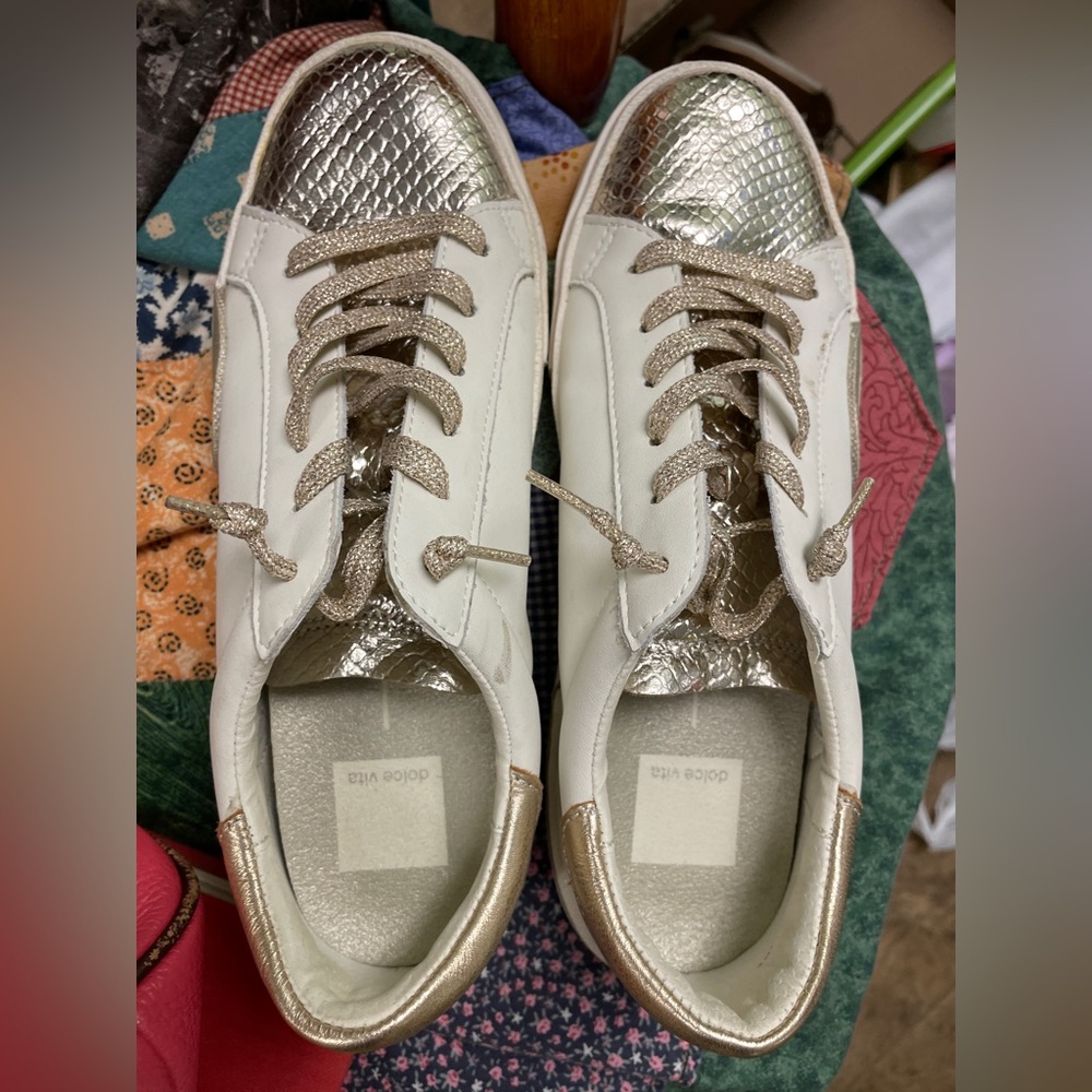 Dolce Vita Nino Sneakers w/ Laces White Leather w/ Silver Gold Metal accent
